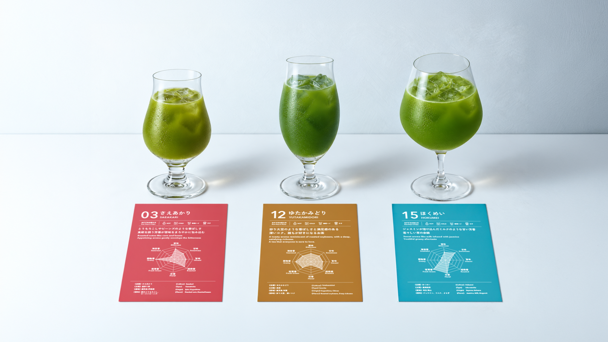 さえあかり・ゆたかみどり・ほくめいの緑茶ハイを、異なる形のグラスとテイスティングカードで飲み比べ